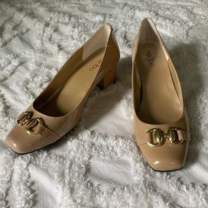 NEVER WORN Nude Block Heels with Gold Accents